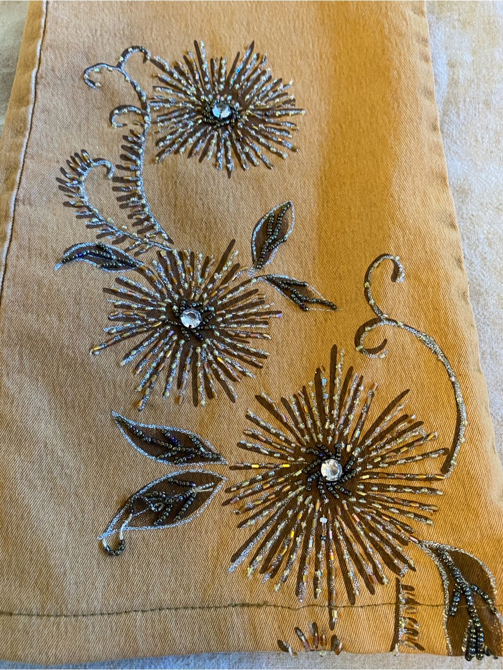Vintage Paolo Santini Beaded Flare Jeans Tan Brown Gold Floral Y2K